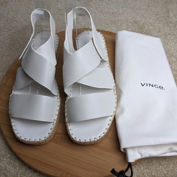 VINCE Tenison Espadrille Sandal White Leather Flat Low Platform Jute - Picture 7 of 16